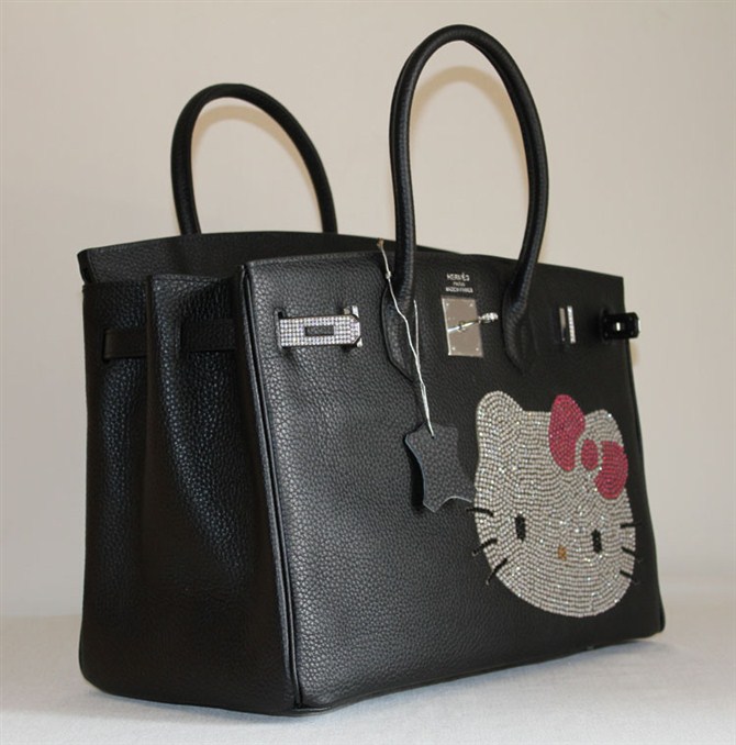 High Quality Fake Hermes Birkin Hello Kitty 35CM Togo Leather Bag Black HK0001 (8) - Click Image to Close